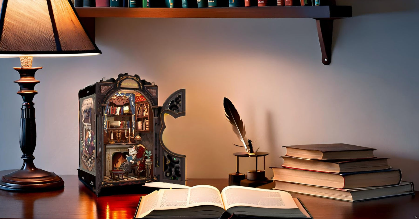 Fsolis Book Nook Kit Cat, DIY Scene Miniature Kit 3D Wooden Puzzles for Adults Booknook for Beginners Bookshelf Nook Decor Mini Building House, Gift for Women Readers Book Lovers (Count Cat's Study)