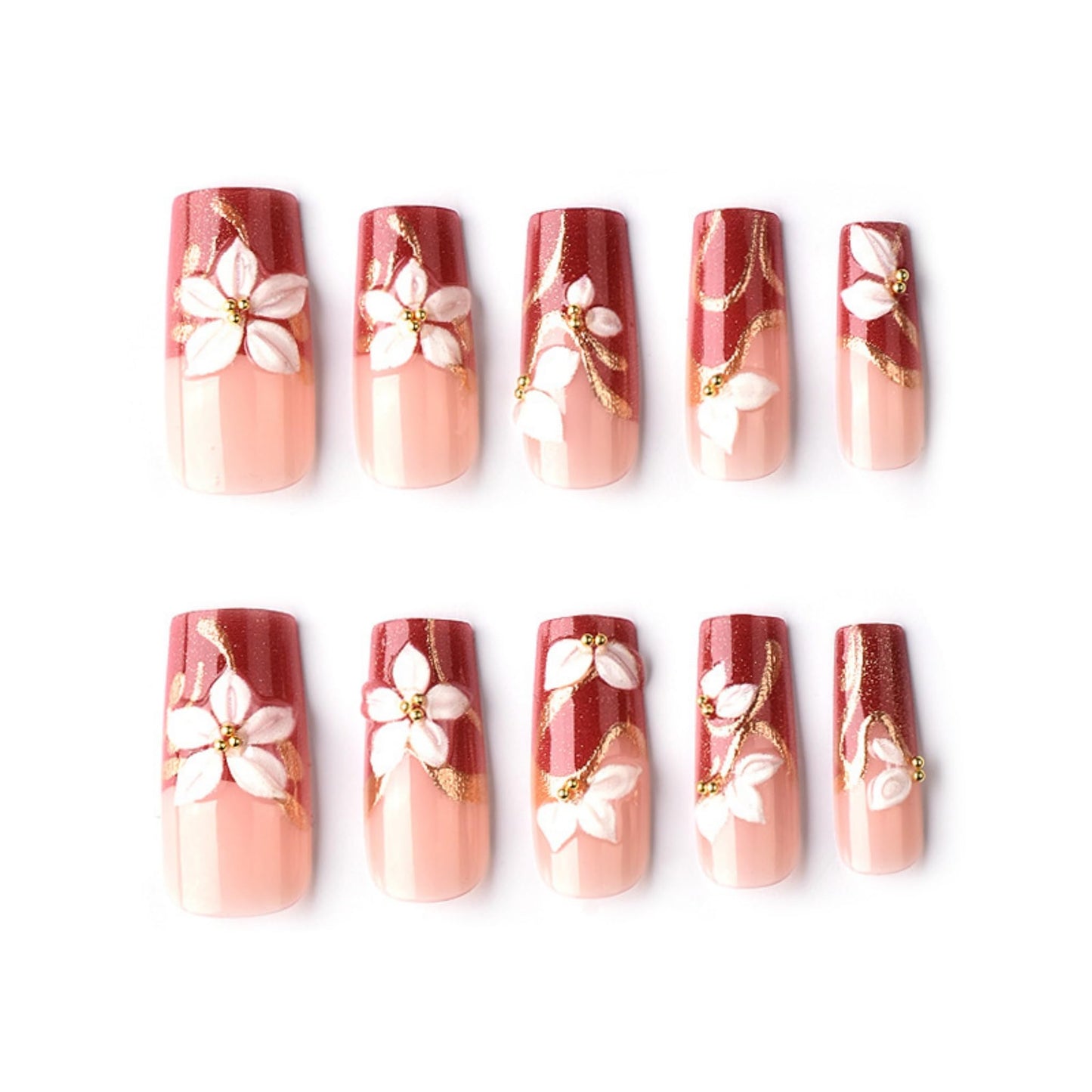 Long Press on Nails Square Fake Nails Red Artificial Nail 3D Floral and Gold Charm Designs Glossy Stick on Nail for Women 24pcs