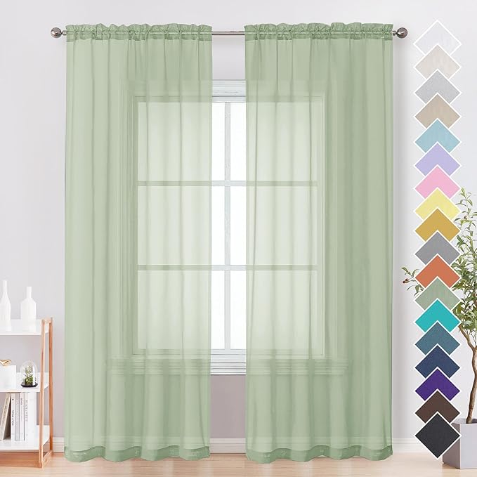 OVZME Light Green Sheer Curtains 90 Inches Long 2 Panels - Soft Light Filtering Window Sheer Panels for Living Room/Bedroom, Top Dual Rod Pocket, 1 Pair, Each 42Wx90L Inches