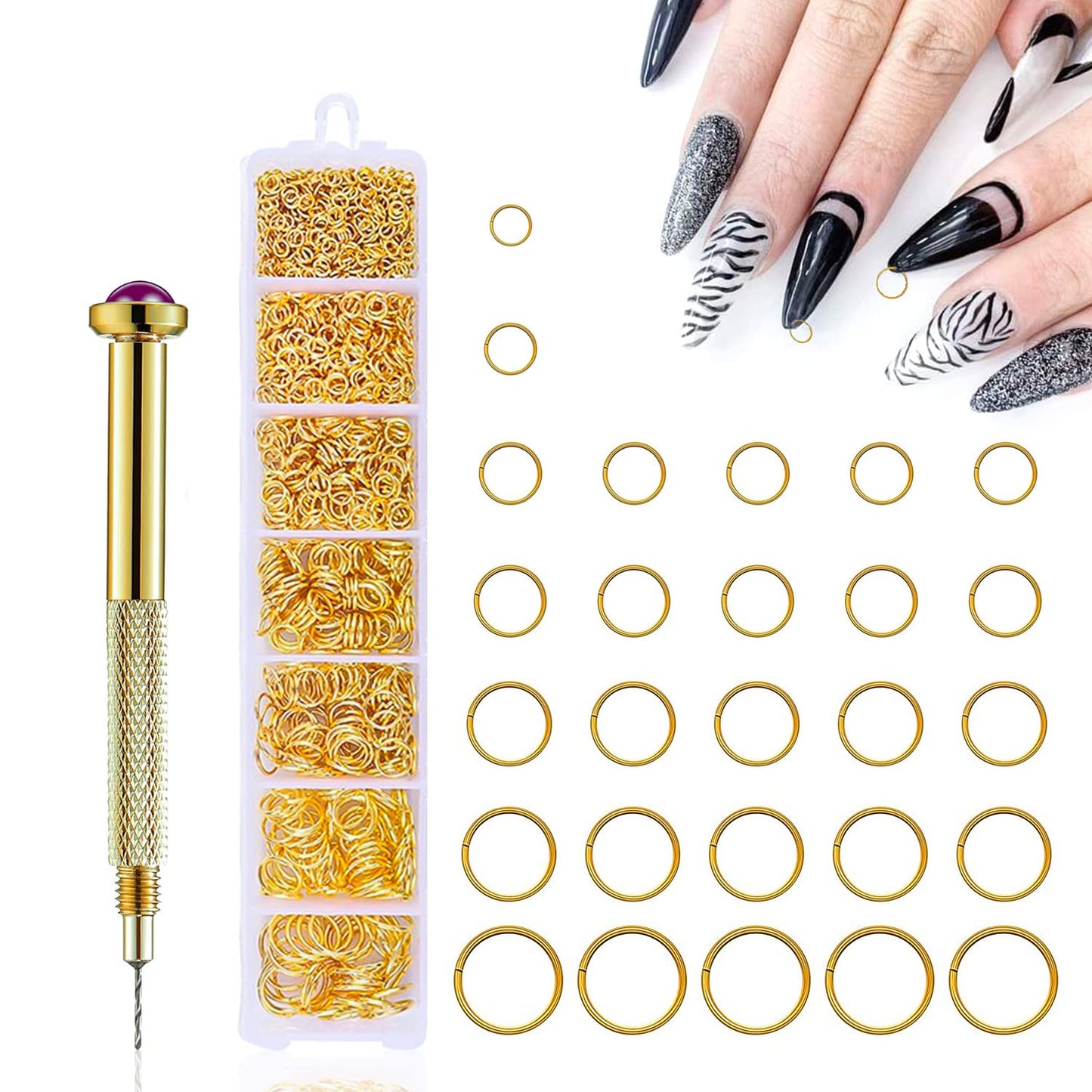 DANNEASY 1070pcs Nail Art Dangle Charm Piercing Tool Hand Drill Charms Jump Rings Connectors Accessories for Jewelry Craft Making (Gold)