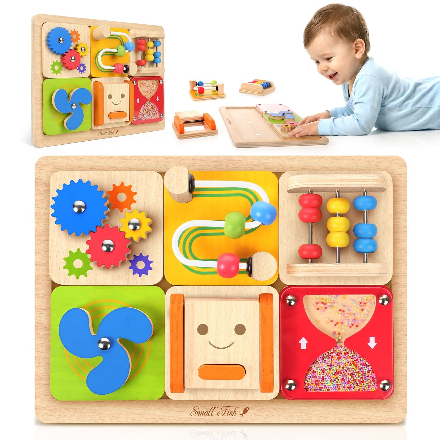 SMALL FISH Wooden Montessori Baby Toys and Toddler Busy Board Bundle