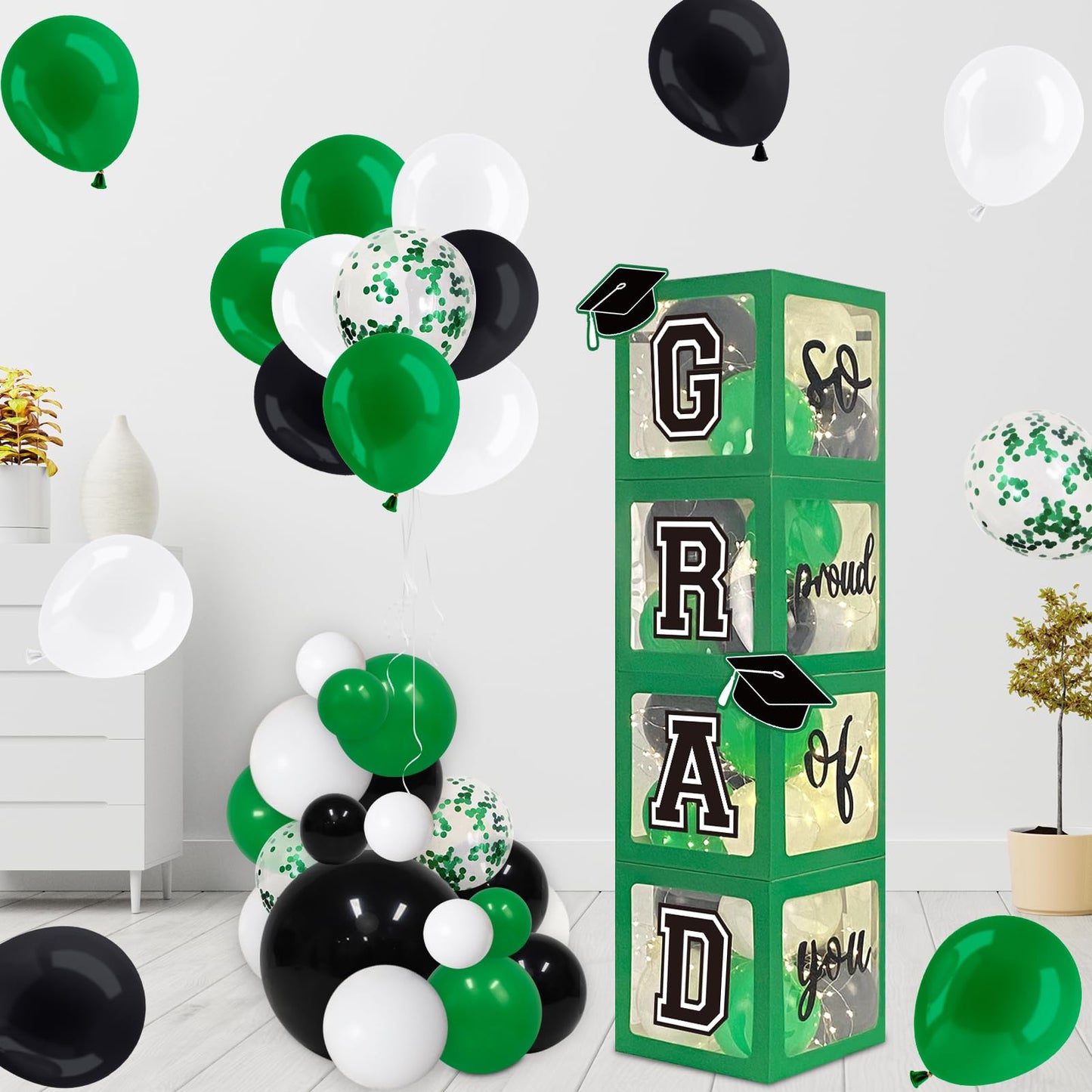 DAZONGE Graduation Decorations 2026, Set of 4 Green Graduation Boxes with 139pcs Balloon Arch Garland Kit & 4 String Lights - So Proud of You Class of 2026 Decorations