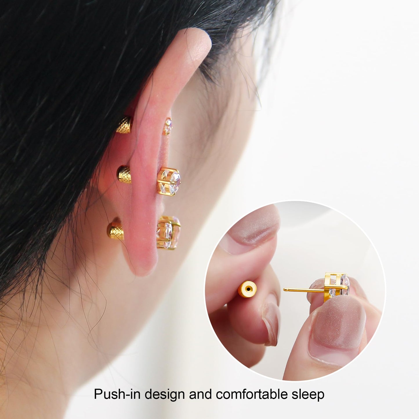 Hypoallergenic Threadless Flat Back Earrings,1 Pairs Cartilage Stud for Women Men Titanium Post 20G None Screw Easy Push in Gold Black Silver Stainless Steel Flatback with CZ 3-8mm (Gold Stud, 6mm)