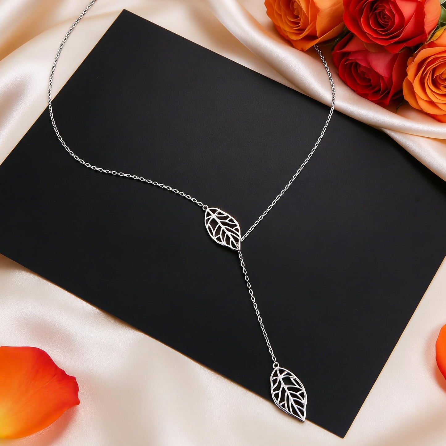 DAOCHONG Long Necklace Sterling Silver Leaf Larait Bar Y Lariat Long Chain Drop Adjustable Necklace for Her, 30"