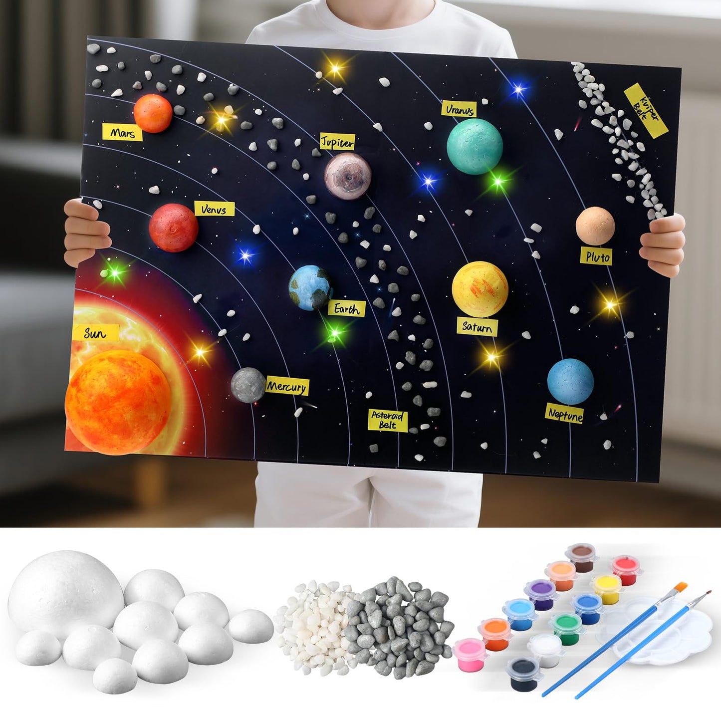 Innconee 20 Solar System Model Project Kit with 10 Foam Ball LED Lights 12 Pigment 2 Brushes Solar System Background DIY Outer Space Planet Foam for Kid School Science Projects Arts Crafts(Rectangle)