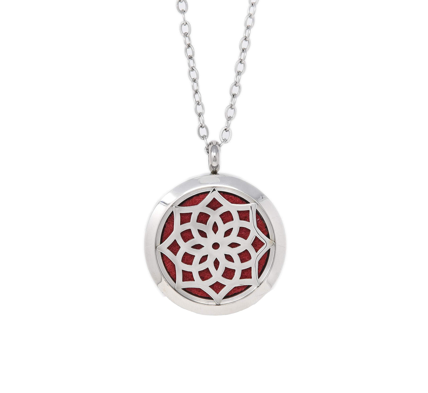 Aromatherapy Essential Oil Diffuser Stainless Steel 30MM Silver Locket Pendant 2 Sizes Chain Necklace, Refill Pads & Diffuser Bracelet in a Velvet Bag (flower2)