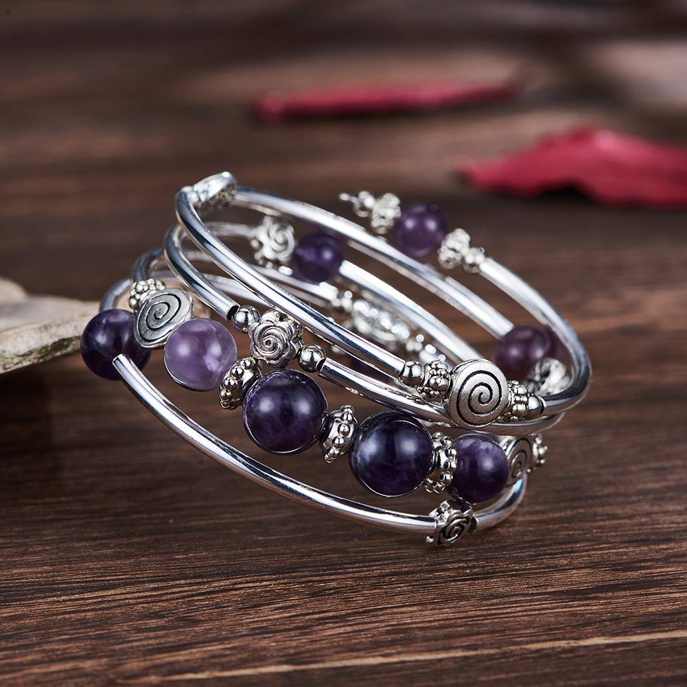 BULINLIN Bead Wrap Bangle Pearl Bracelet - Silver Metal Bracelet Gifts For Women(02-Purple)