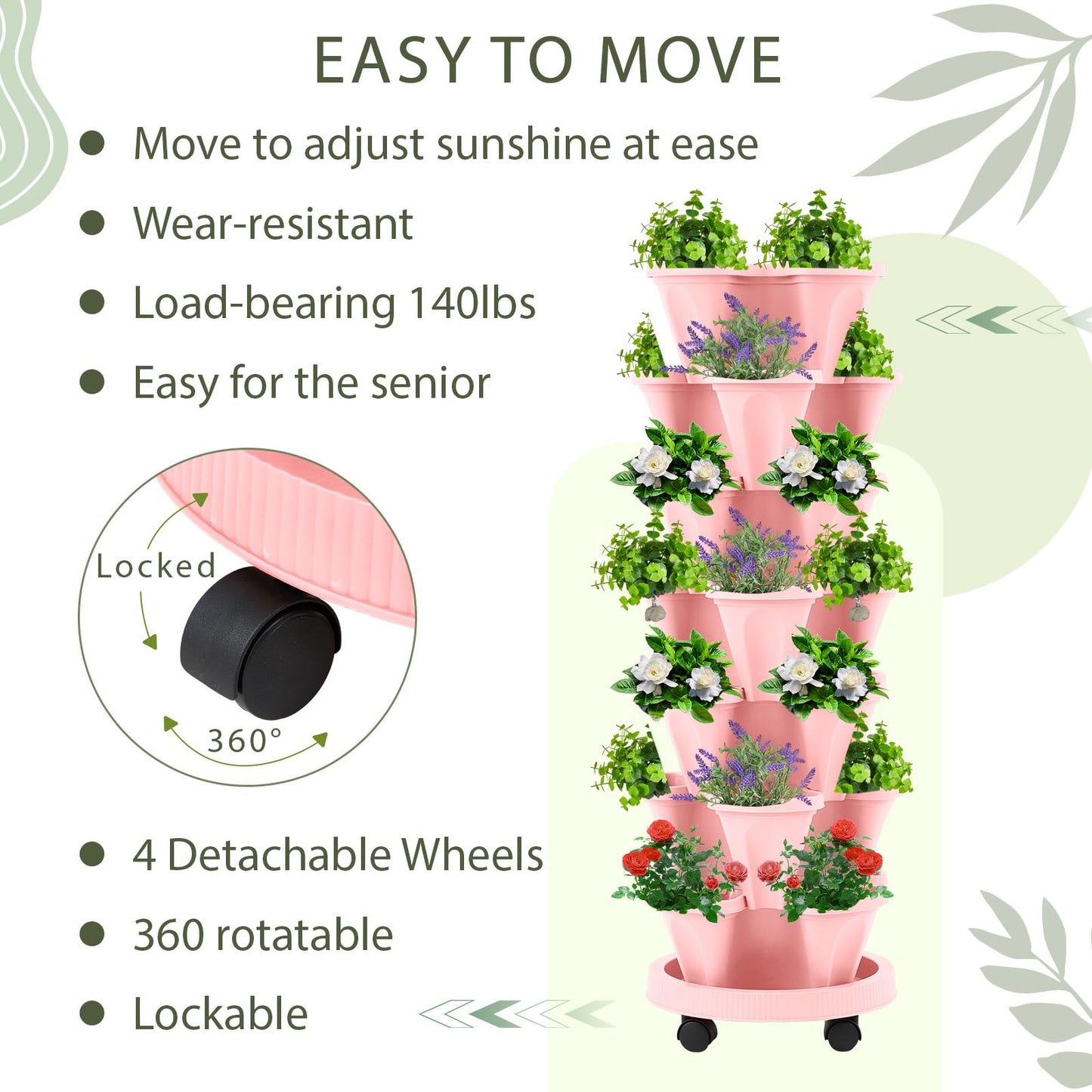 Umigy 2 Set of 7 Tier Vertical Planter Stackable Tower Planters Strawberry Herb Flower and Vegetable Pots Indoor Outdoor Gardening Pots with Removable Wheels and Tools(Pink)
