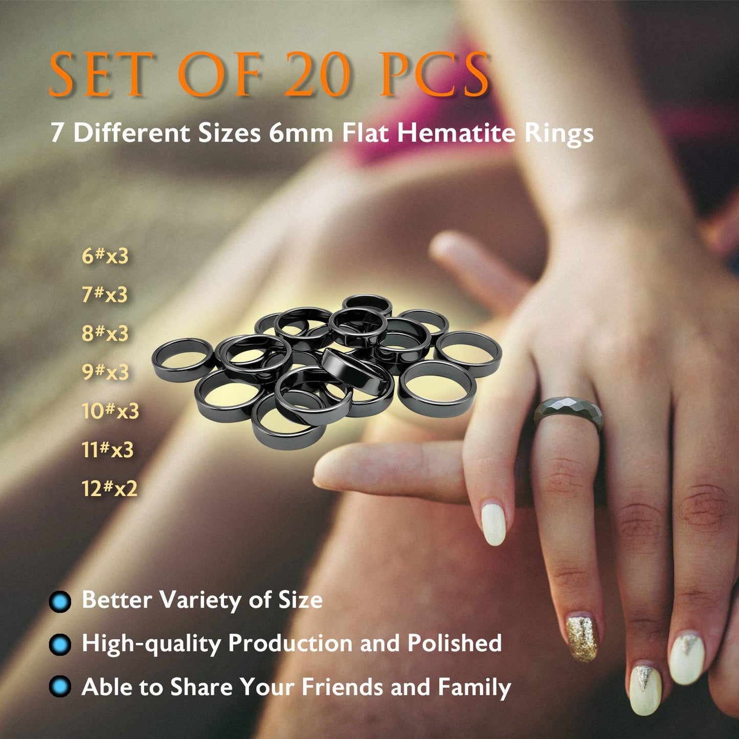Morchic 20Pcs Pack Hematite Stone Rings for Women & Men, Unisex Flat Band Set (6mm Width) - Mixed Sizes 6-12, Chakra Balancing, Polished Gemstone, Gift Ready