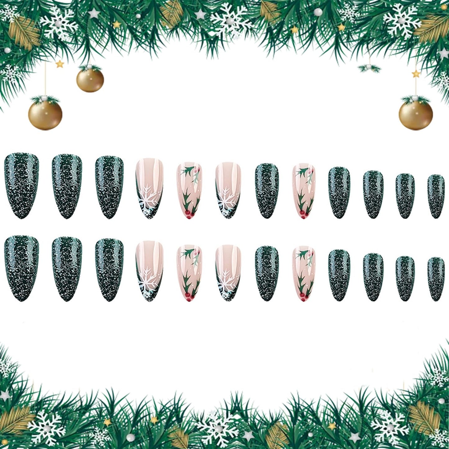 24Pcs Christmas Green Press on Nails Stiletto Almond Fake Nails Snowflake Designs Christmas False Nails Cute Flower Gradient Stick on Nails Full Glitter Glue on Nail for Women Manicure Art