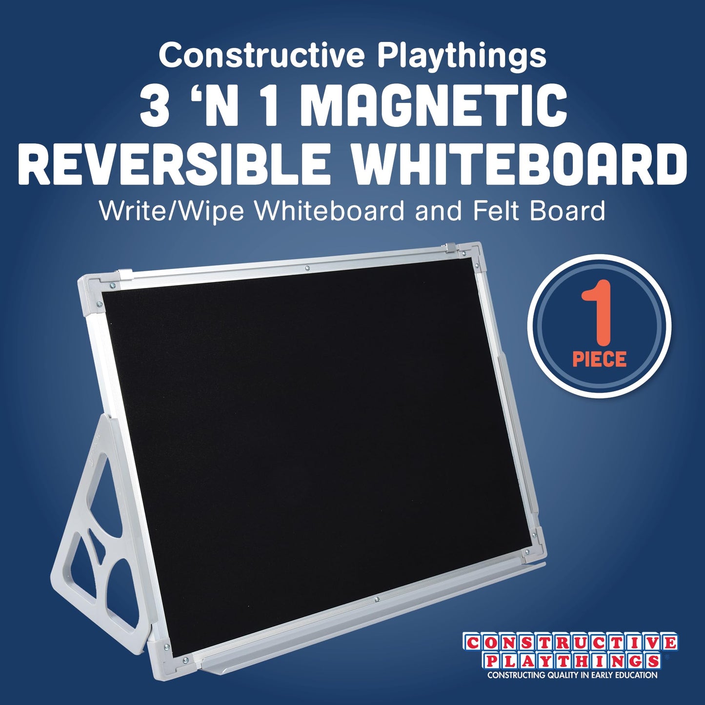 Constructive Playthings 3 'N 1 Magnetic Write and Wipe Reversible Whiteboard and Felt Board for Toddlers with Stand, Hands-On Learning Toy for Ages 3+, Hangable or Free-Standing
