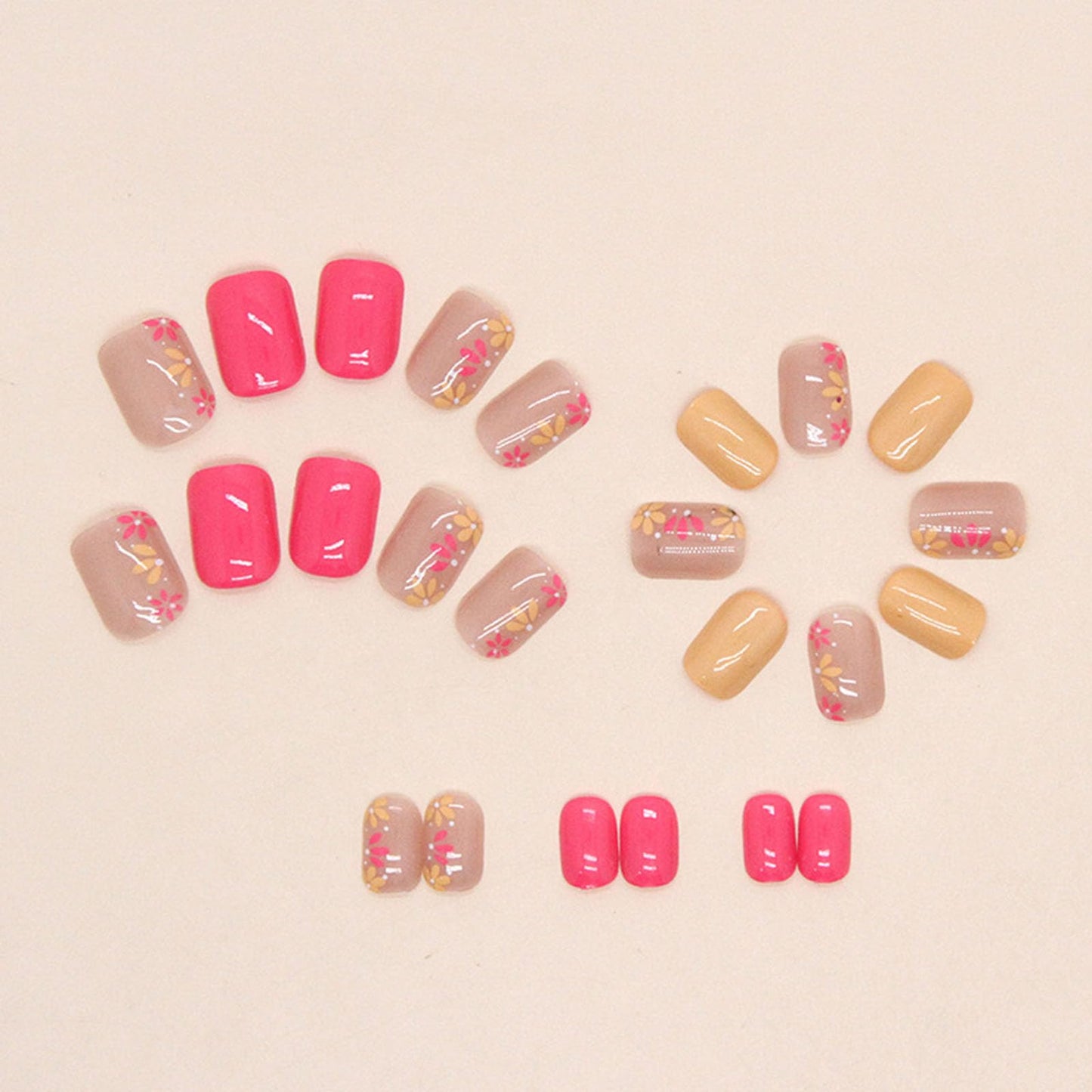 Spring Press on Nails Square Fake Nails with Flower Designs Pink Nails Press ons Yellow Acrylic Nails Glossy Glue on Nails Spring False Nails Artificial Stick on Nails for Women 24Pcs