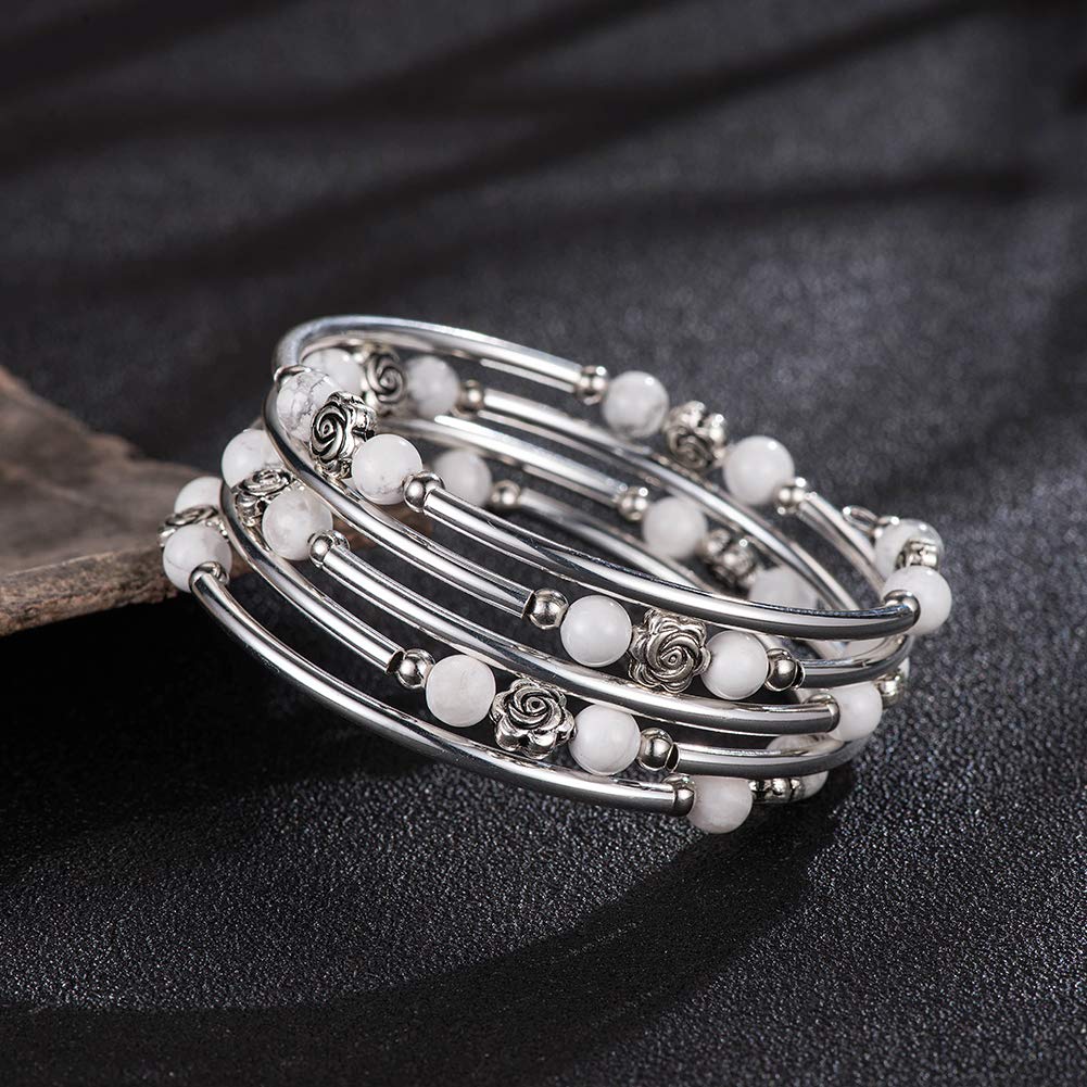 BULINLIN Wrap Bangle Rose Bead Bracelet - Beaded Bracelet with Natural Agate Stone Gifts For Women(01-Howlite)