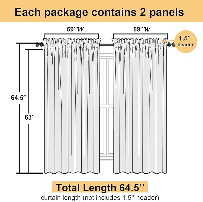 Lecloud Cream Sheer Curtains 63 Inch Length 2 Panels, Rod Pocket Light Filtering Bedroom Curtains for Living Room, Window Treatments Solid Voile Drapes for Bathroom, Each Panel 59" W x 63" L