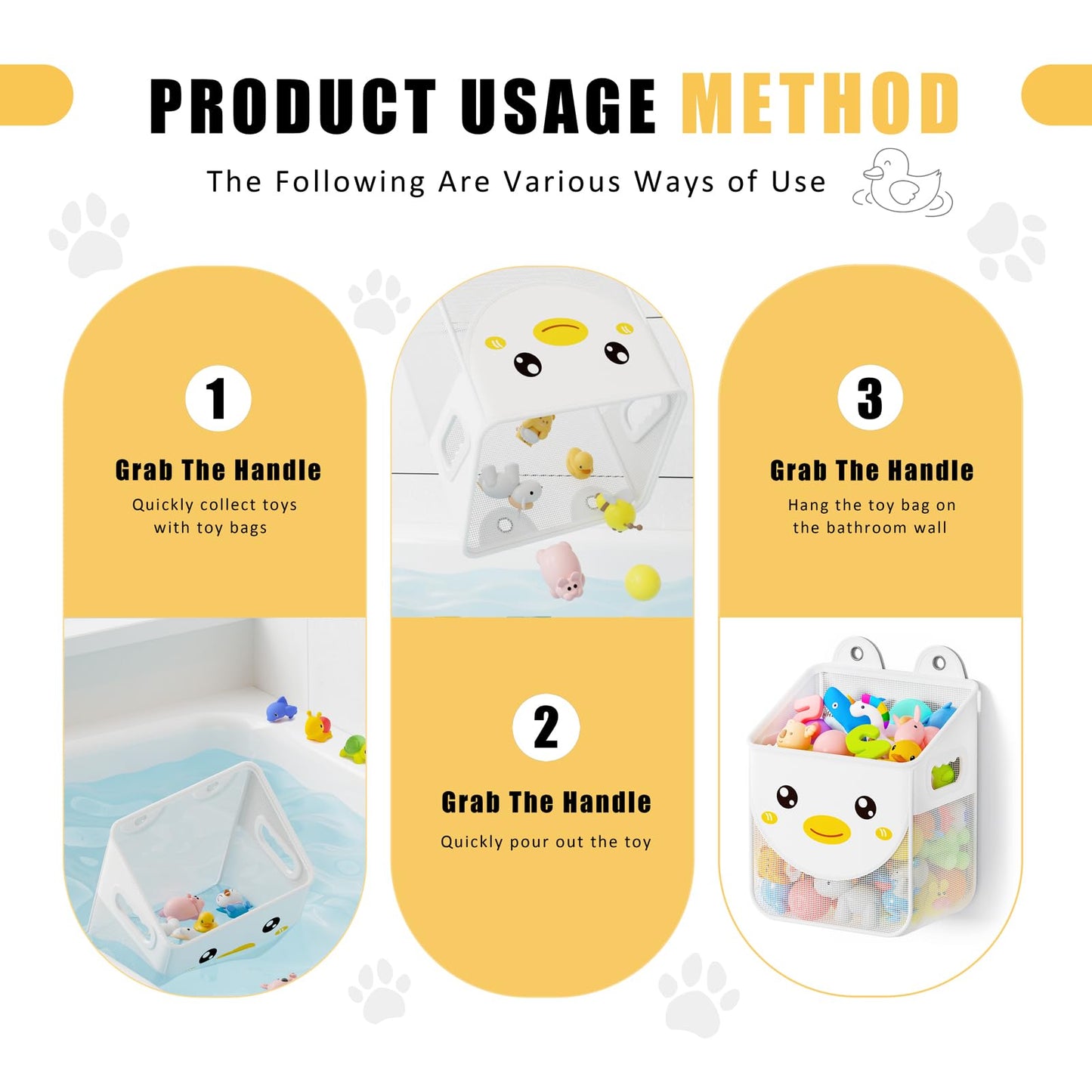 Ligereza Quick Fetch Way Bath Toy Storage, Cute Mesh Bath Toy Organizer, Large Capacity and Large Opening Baby Bathtub Toy Holder for Tub, Multipurpose Mesh Shower Bag (White)