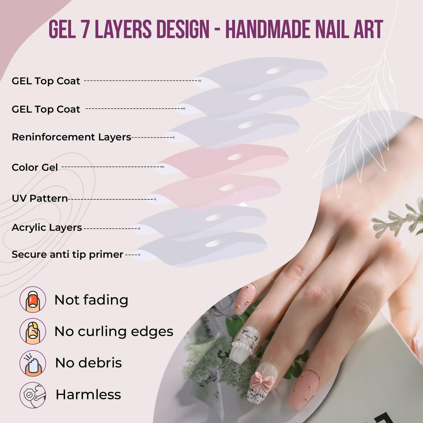 XODITO Fake Nails Set Pink Medium Square Bling Glossy 3D Bow Heart Rhinestone Pearl False Nail Tips, Press On Nails, Artificial Art Nails Finger Manicure for Women and Girls(CDJ0030-S)