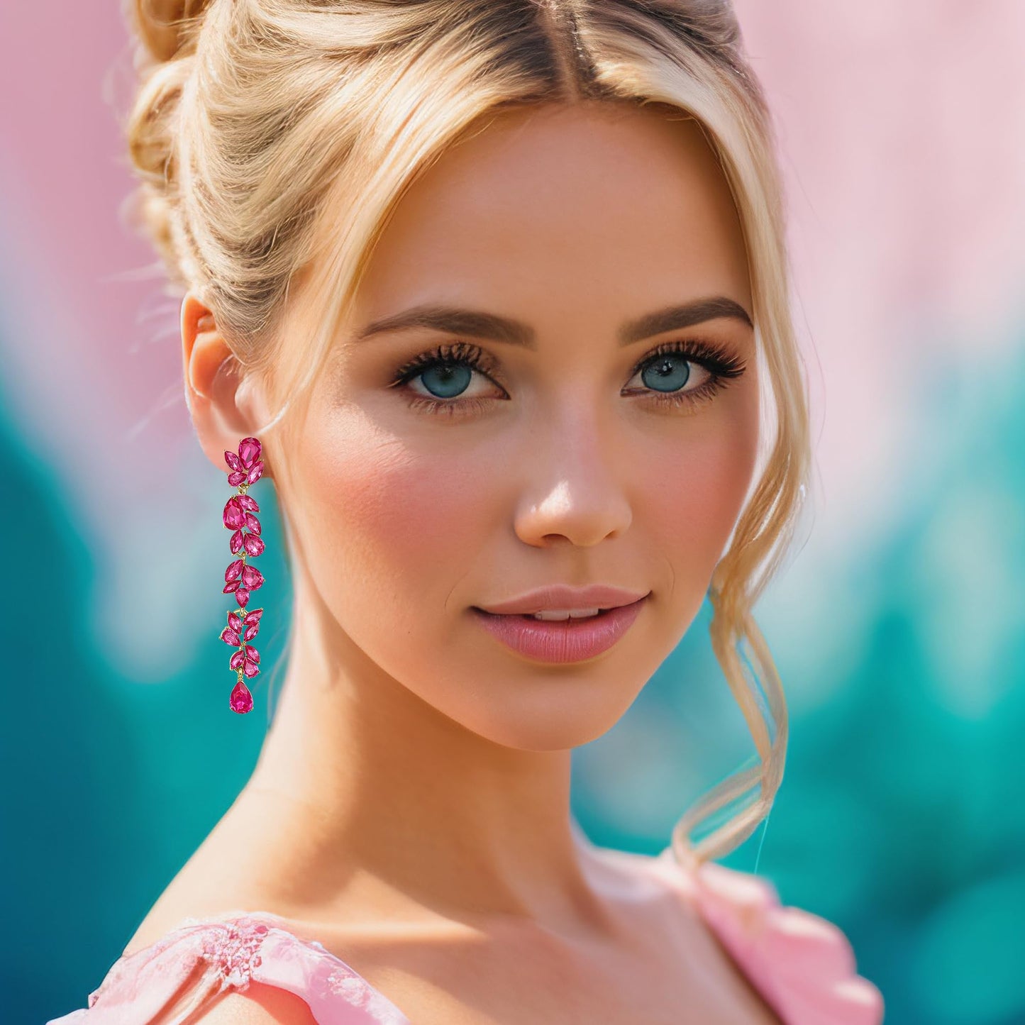 EVER FAITH Wedding Rhinestone Chandelier Dangle Earring for Women, Crystal Art Deco Bridal Teardrop Marquise Long Drop Earrings for Prom Hot Pink