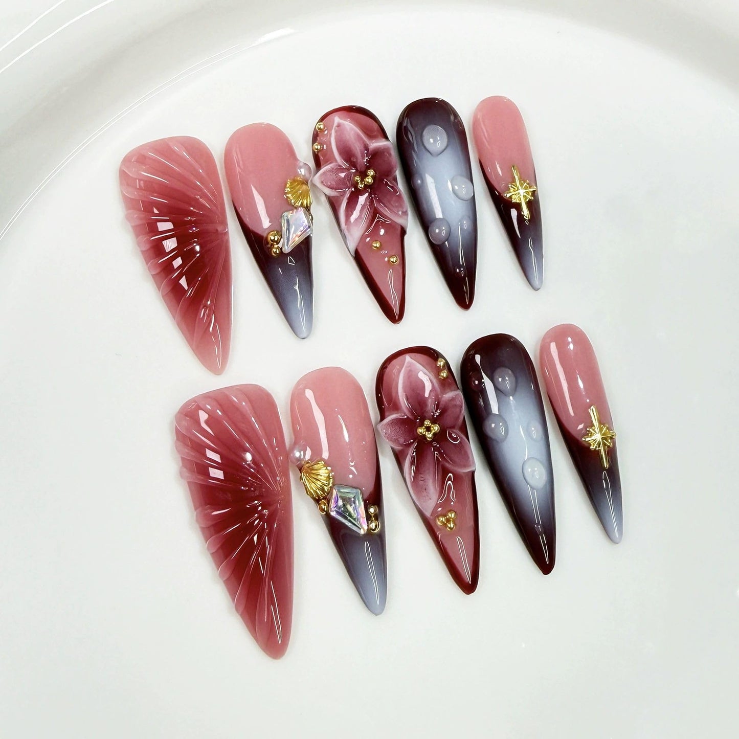 Threelegscat Handmade Press on Nails Long Almond Shape Fake Nails Stiletto Nail With Design for Women and Girls 10pcs Size M Pattern St1153