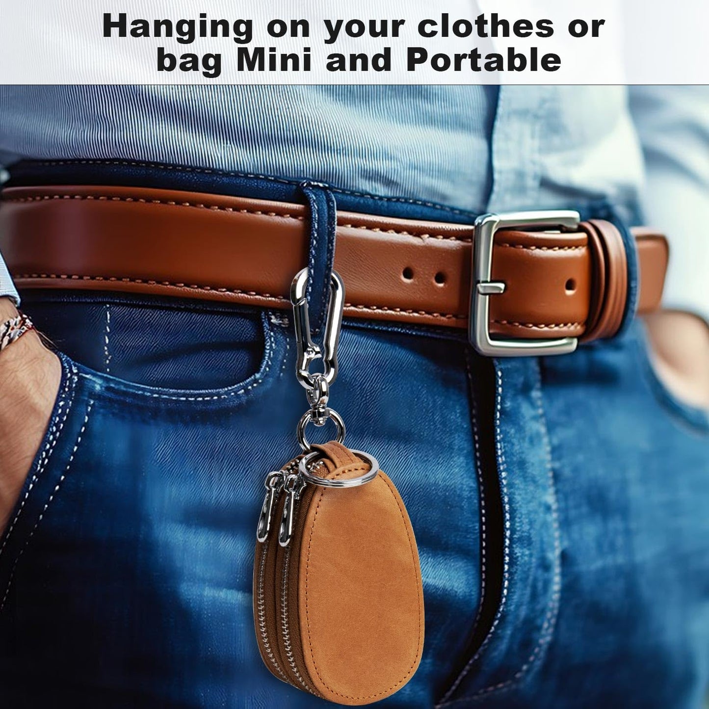 UVKDEENK 2 Pack Mens Vintage Key Case, Retro Genuine Leather Car Key Fob Holder, Key Organizer with Metal Hook Keyring, Double Zipper Key Coin Bag Coffee Brown