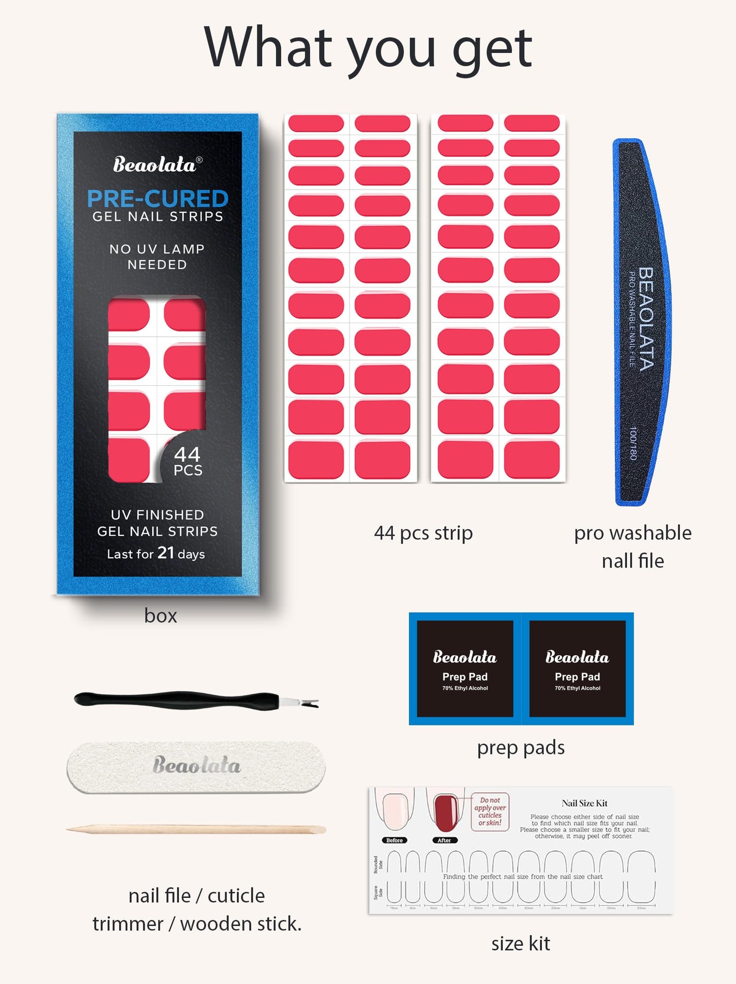 Beaolata Real Gel Nail Strips (No UV Light Needed) - 44Pcs Salon Quality Nail Stickers - Long Lasting Polish Wraps for Women, Easy Apply & Remove (Cherry Pop Red)