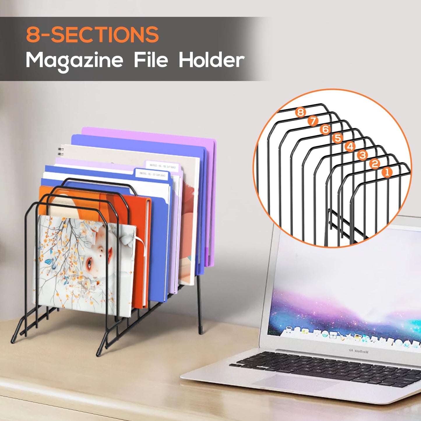 Gawerk Incline Metal Desk Magazine Folder Holder, Sorter Desk File Organizer with 8-Section Vertical Compartments Rack File Organizer for Office, Home, School