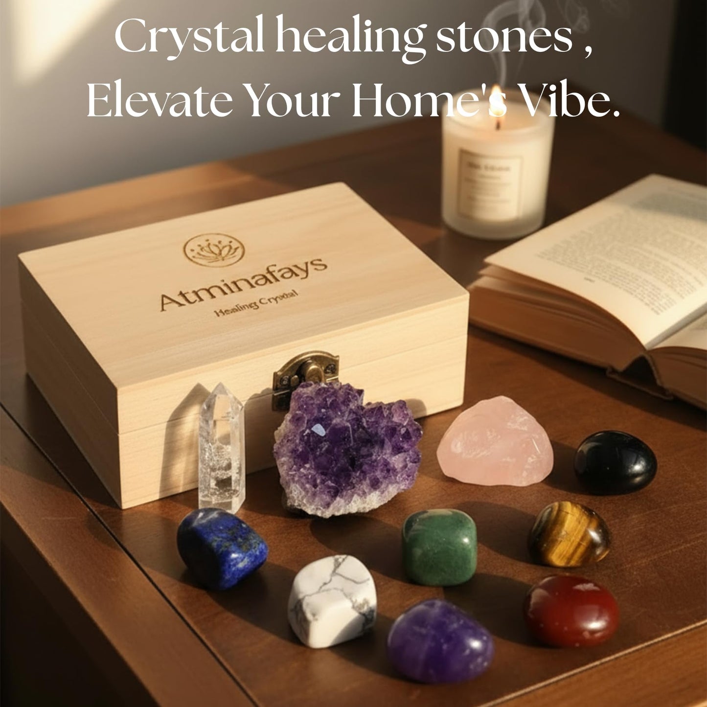Atminafays Large Premium Crystals and Healing Stones in Wooden Gift Box + Velvet Pouch + 7 Chakra Tumbled Gemstones+Info Guide, Amethyst Cluster，Rose Quartz ，Quartz Crystal Point