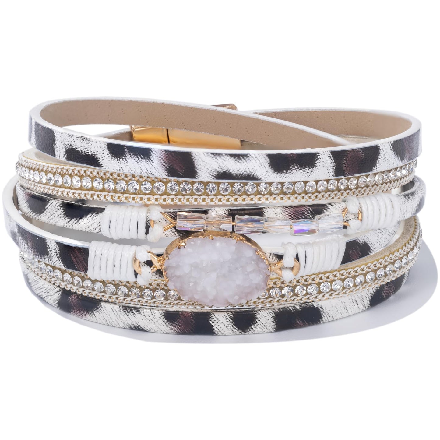FANCY SHINY Boho Leather Wrap Bracelet Stackable Chunky Crystal Cuff Bracelets with Magnetic Clasp Cowboy Cowgirl Western Summer Beach Outfits Jewelry Gifts for Women (14.7", Zebra)
