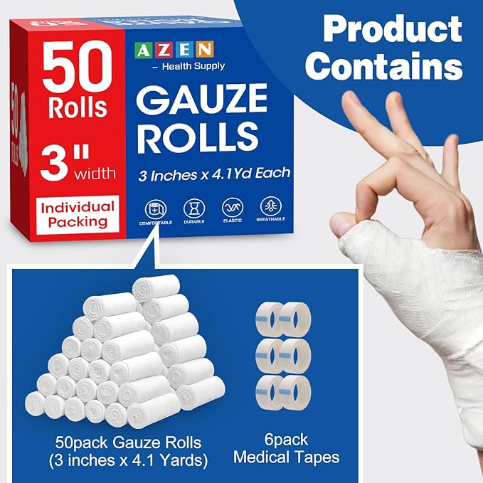AZEN 50 Pack Gauze Rolls Bandages, 3 in x 4.1 Yards, Premium Medical Supplies & First Aid Supplies, Bandage Wrap Vet Wrap