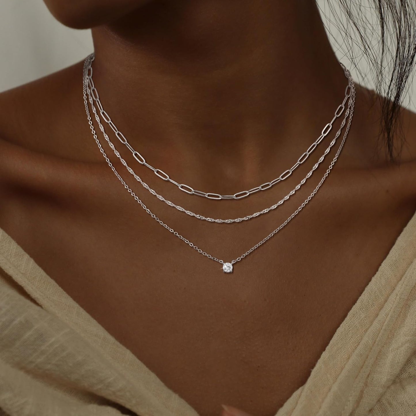 CHESKY Layered Necklaces for Women Trendy, Silver Plated Dainty Stacked Necklace Simple CZ Diamond Pendant Necklaces Waterproof Silver Necklace Stack Adjustable Cute Jewelry Set for Women