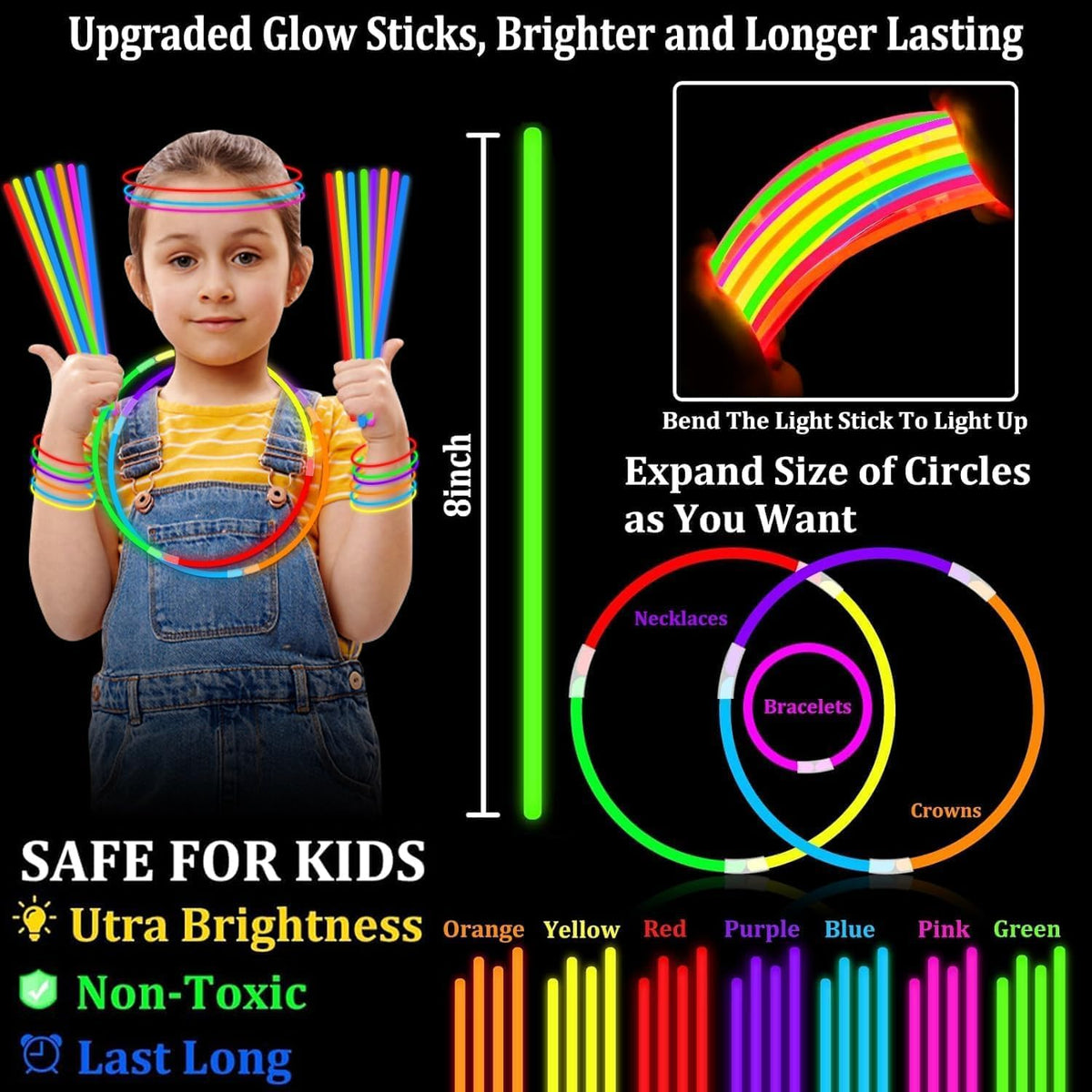 TURNMEON 360 Pack Ultra Bright New Year Eve Christmas Glow Sticks Bulk Party Pack Halloween Glow In The Dark Party Supplies Favors Glow Sticks Necklaces Bracelets with Connector 8" Glow stick Light Up