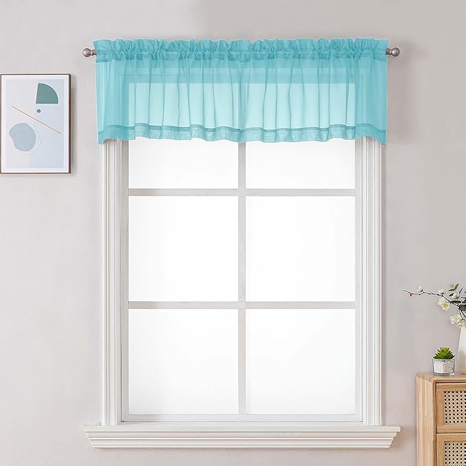 Chyhomenyc Sheer Valances for Windows, Light Filtering Small Window Curtains for Living Room Bathroom Cafe Laundry Basement, Modern Top Dual Rod Pocket Voile Curtain, 42Wx14L inches, Aqua, 2 Pieces