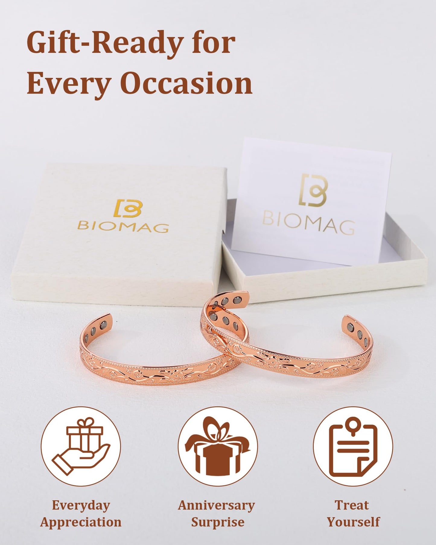 BioMag 2 Pcs Magnetic Copper Bracelet for Women, 99.99% Pure Copper Cuff Bangle with 6 Pcs 3500 Gauss Magnets, Adjustable Size, Floral Vine Design
