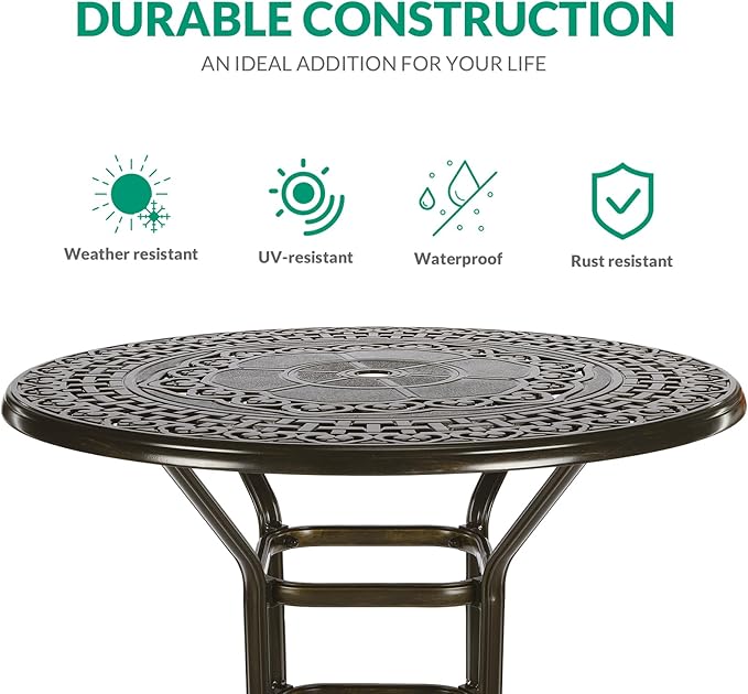 VIVIJASON 5-Piece Outdoor Swivel Bar Stools Set, All Weather Cast Aluminum Patio Bar Height Bistro Set with 4 Cushioned Bar Chairs & 38.5" High Bar Table w/Umbrella Hole for Backyard, Lawn, Garden