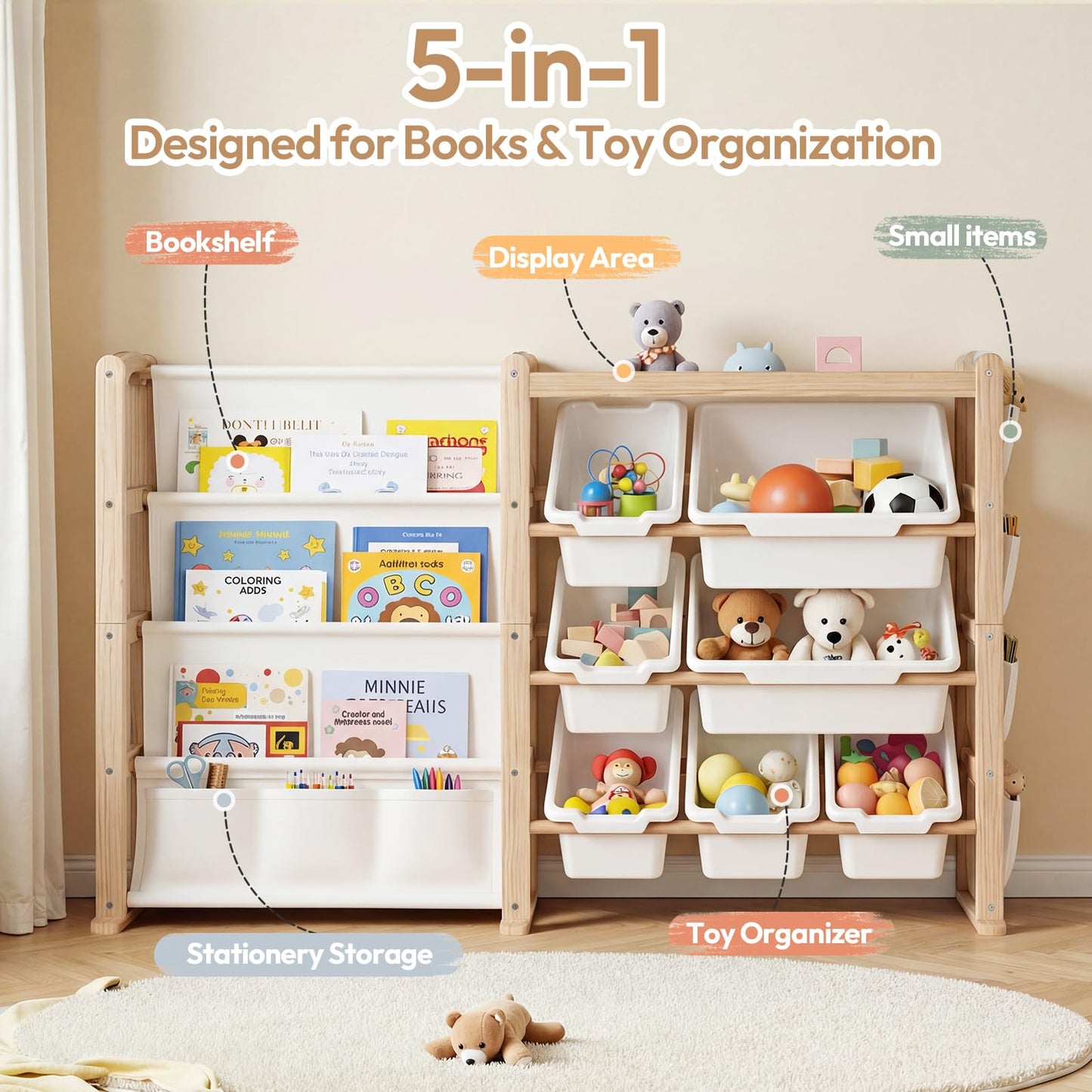 Fodoss Book Shelf for Kids Rooms - Toy Storage Organizer with Bookshelf, Solid Wood Kids Bookshelf with 7 Bins, Side Storage Pockets, Large Toy Organization for Nursery, Natural Pine