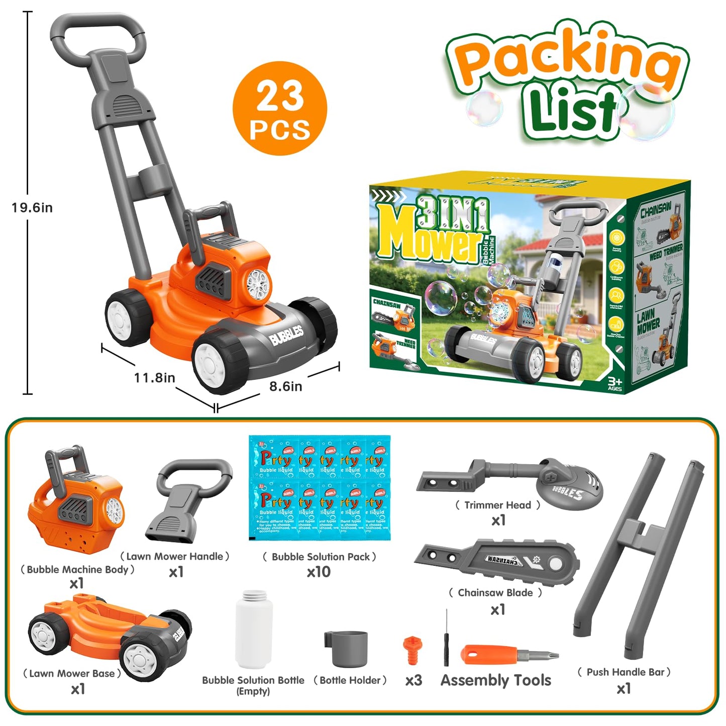 Bubble Lawn Mower for Kids, 3-in-1 Bubble Machine Blower with 10 Bubble Solution, Outdoor Push Toys for Toddlers Ages 3-8, Birthday Easter Summer Gift for Boys Girls 3 4 5 6 7 8 Year Old