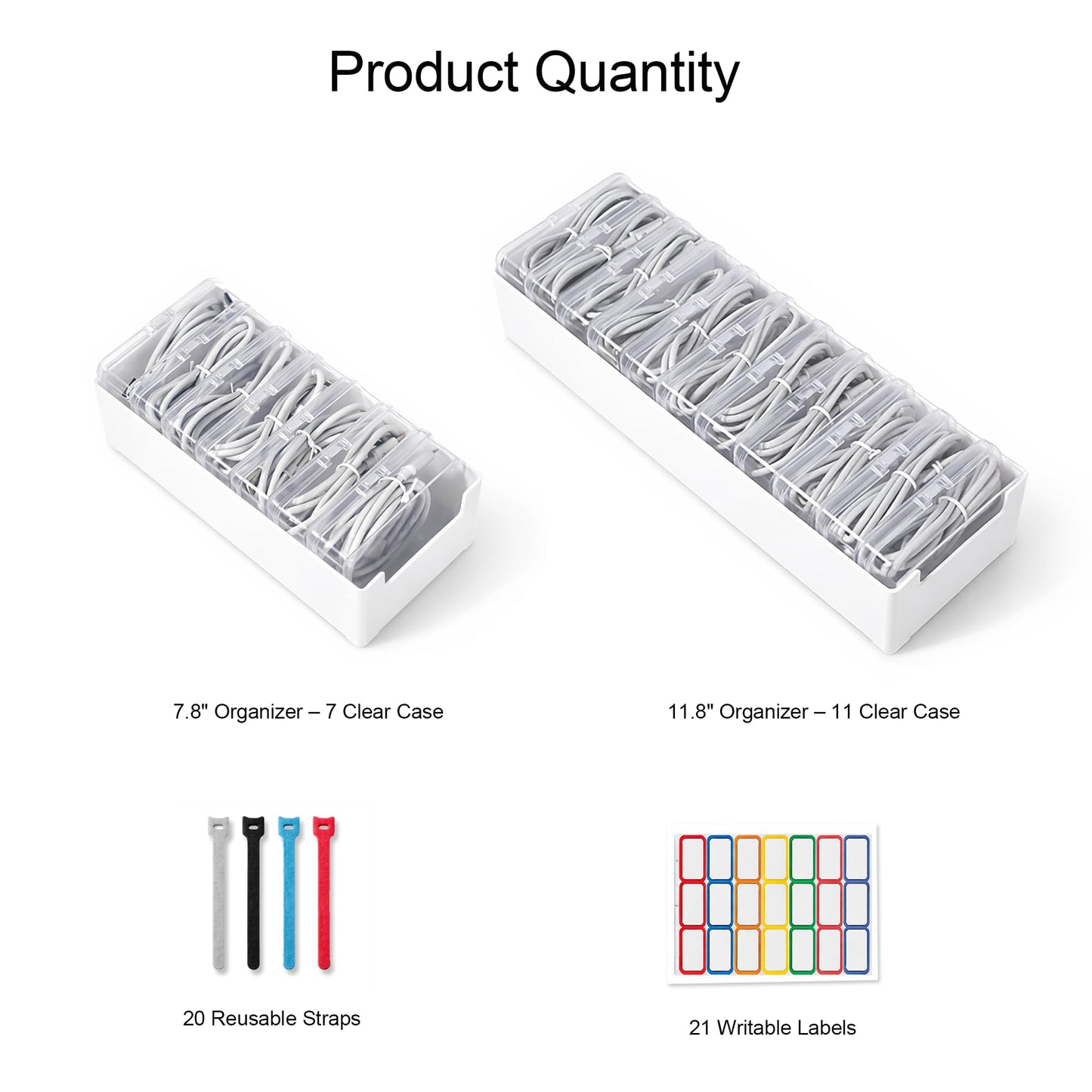 2 Pack Cable Organizer Box Set with 7 and 11 Clear Cases for Charging Cables, Chargers, Earphones and Small Accessories, Includes Cable Ties and Labels for Home, Desk and Drawer