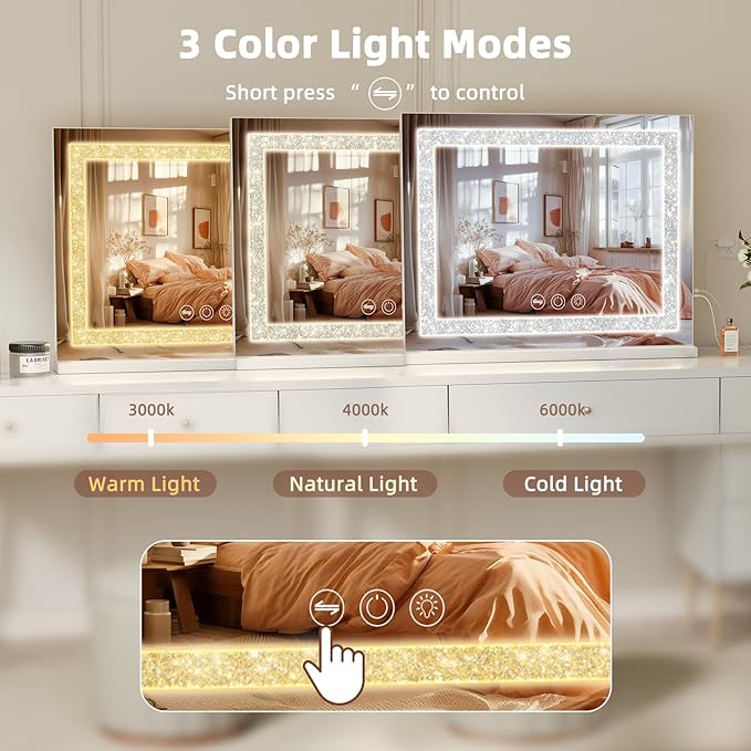Fenair Vanity Mirror with Lights 22.8’ * 18.1’ Diamond Light Strip Makeup Mirror with Tempered Glass, 3 Color Modes Light up Mirror with USB Charging Port, 10X Magnification and Smart Touch, White