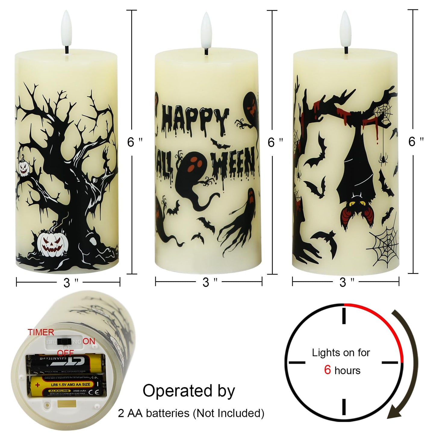 Lasumora Halloween Decorations Ghost Bat Flameless Halloween Candles with 6H Timer, Battery Operated LED Candles for Halloween Decor Indoor