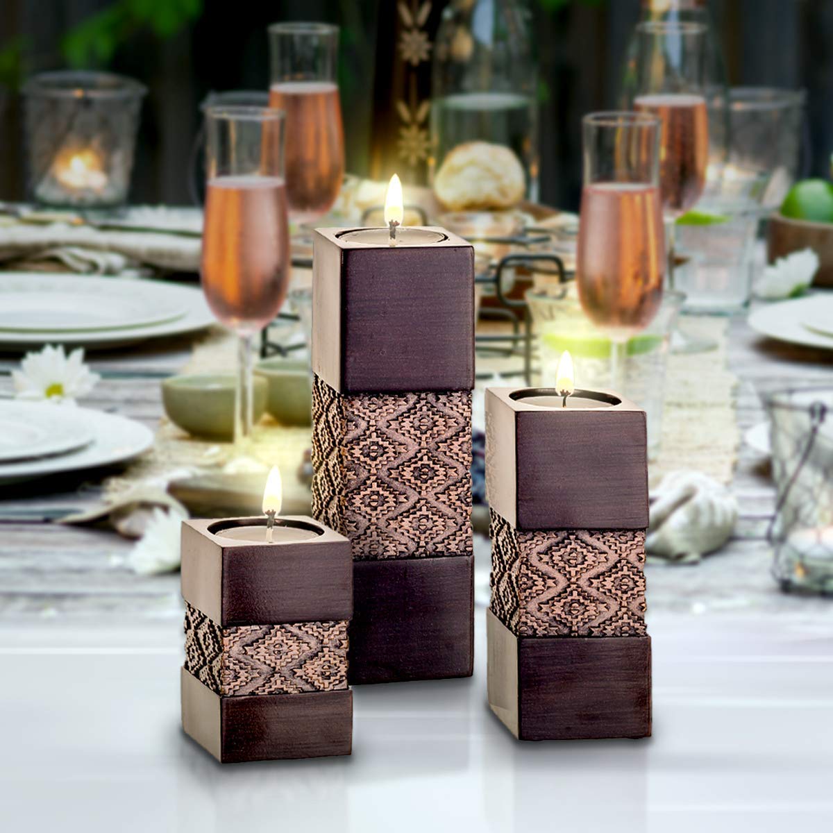 Creative Scents Dublin Brown Set of 3 Small Tealight Candle Holders Table Decor Gift Set - Centerpieces for Living/Dining Room Table, Coffee Table Decor for Fireplace/Entrance or Bathroom