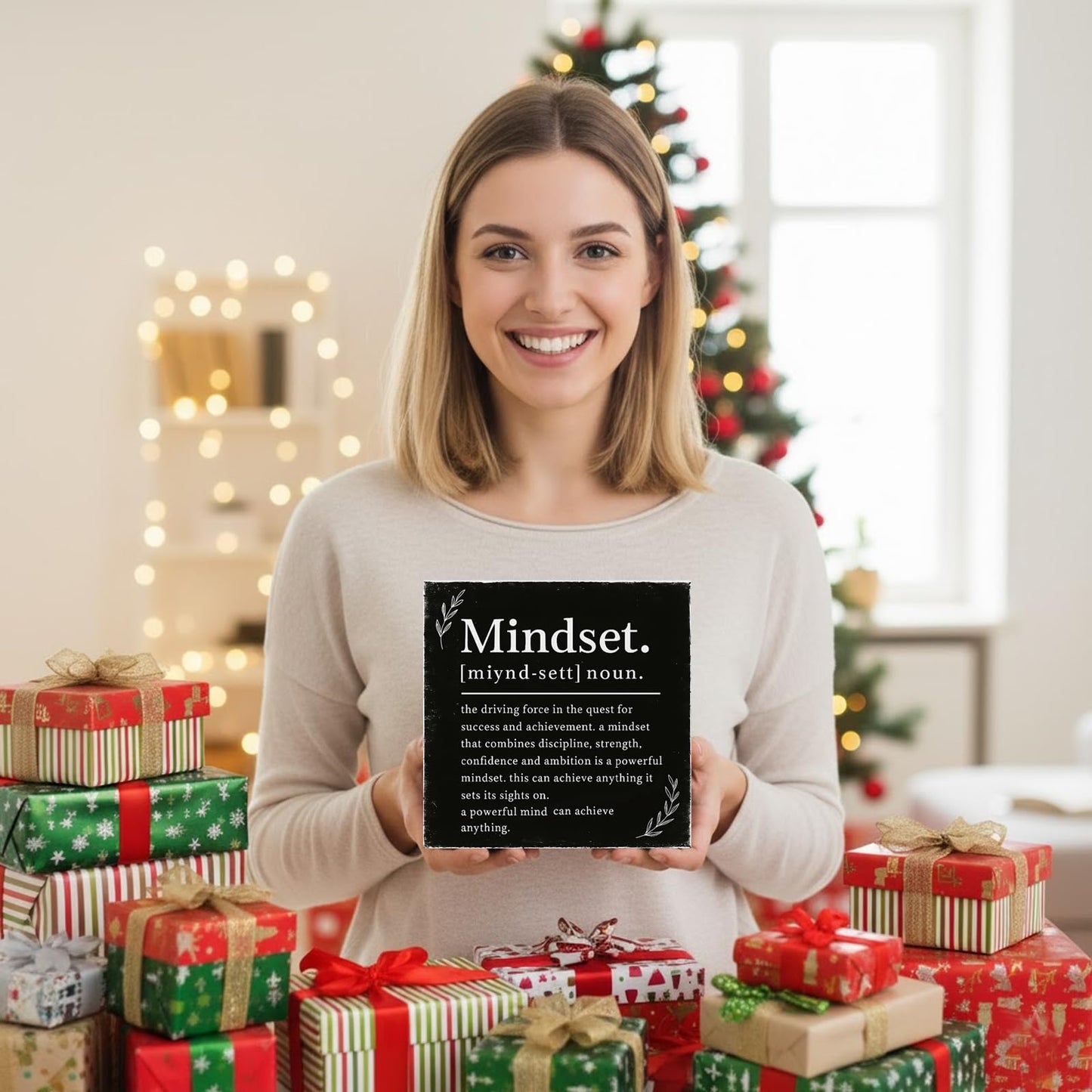 Mindset Definition Wood Box Sign - Inspirational Quote Decor for Desk and Shelf - Motivational Growth Mindset Block for Home Office, 5x5 Inch(Black)
