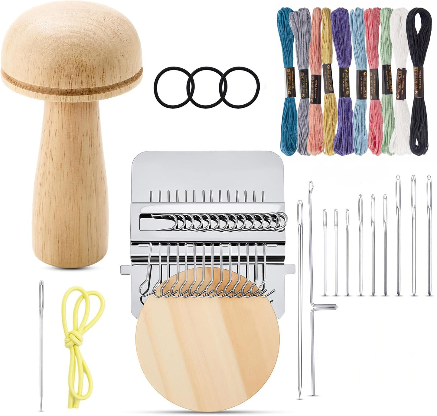 Mini Darning Loom Mushroom Kit, 14 Hooks Small Weaving Tool for Socks Jeans Mending, Knit Patch Repair, Set Includes Large Eye Needles, 50 Colors Threads for Handcraft DIY Weaving Beginners Projects