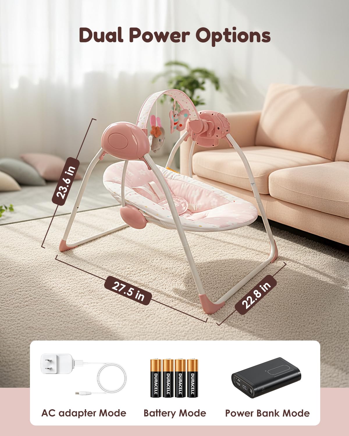 Baby Swings for Infants, Tiny Marvels Portable Swing with Adaptable Speed, Music, Removable-Toy-Bar, Foldable Infant Swing for Indoor and Outdoor Use, 0-9 Months 6-20 lbs(Blush Bloom)