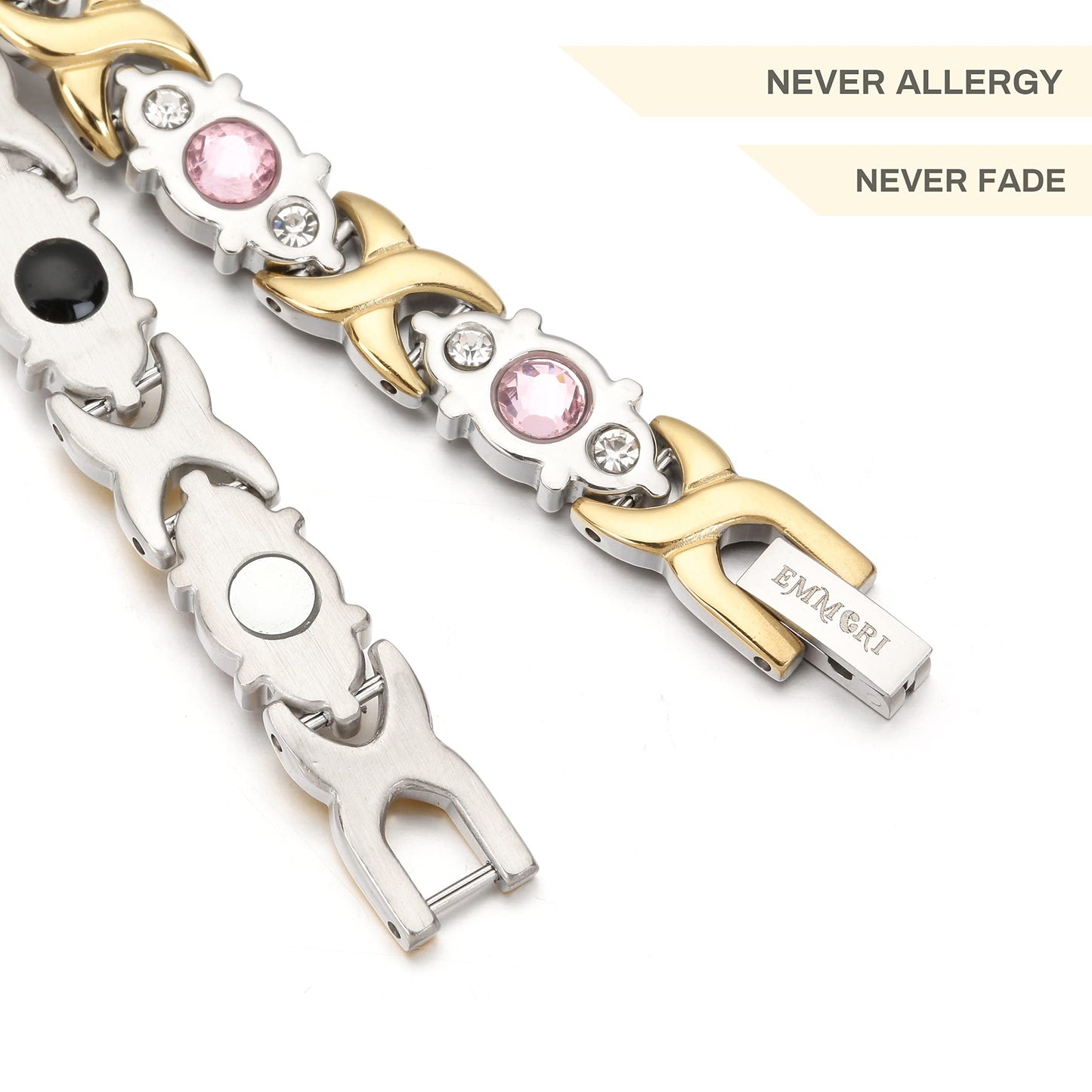 EMMORI Ultra Strength Magnetic Bracelet for Woman - 3,500 Gauss Per Magnet -Crystal Bracelet - Adjustable Length -Pulseras Magneticas (Silver Gold)