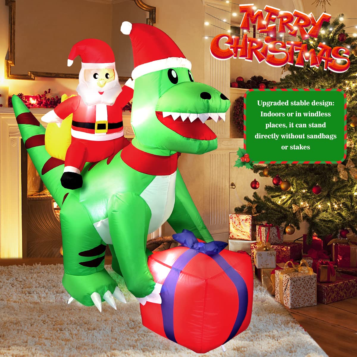 5 Ft Christmas Inflatable Dinosaur with Santa, LED Lights, Indoor Outdoor Holiday Yard Decor, Green T-Rex with Gift Box