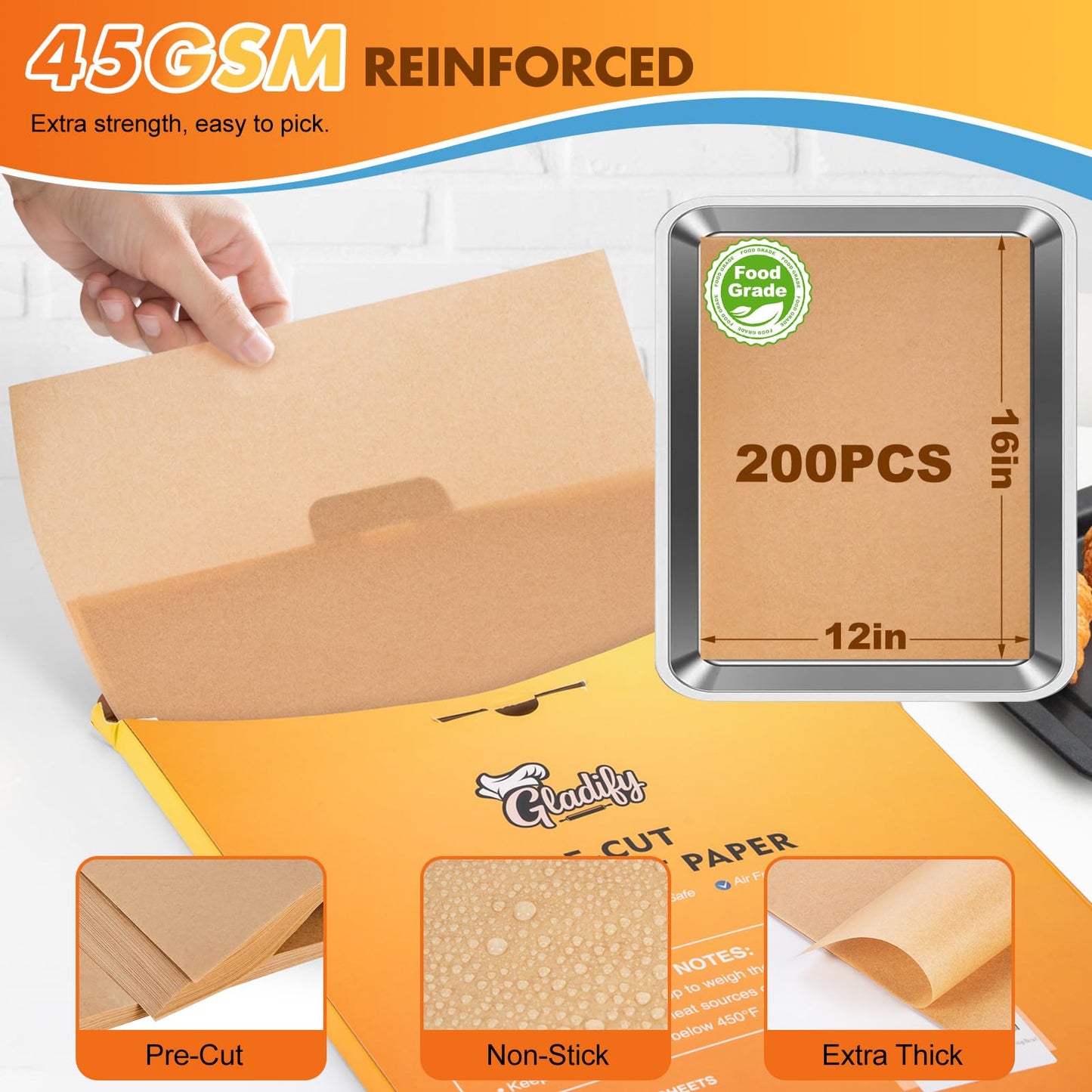 Gladify 200Pcs 12"x 16" Unbleached Parchment Paper Sheets for Baking，Pre-cut Half Baking Parchment Paper, No-Stick & No-Leak Heavy Duty Cooking Paper for Air Fryer, Oven, Wrap Bread