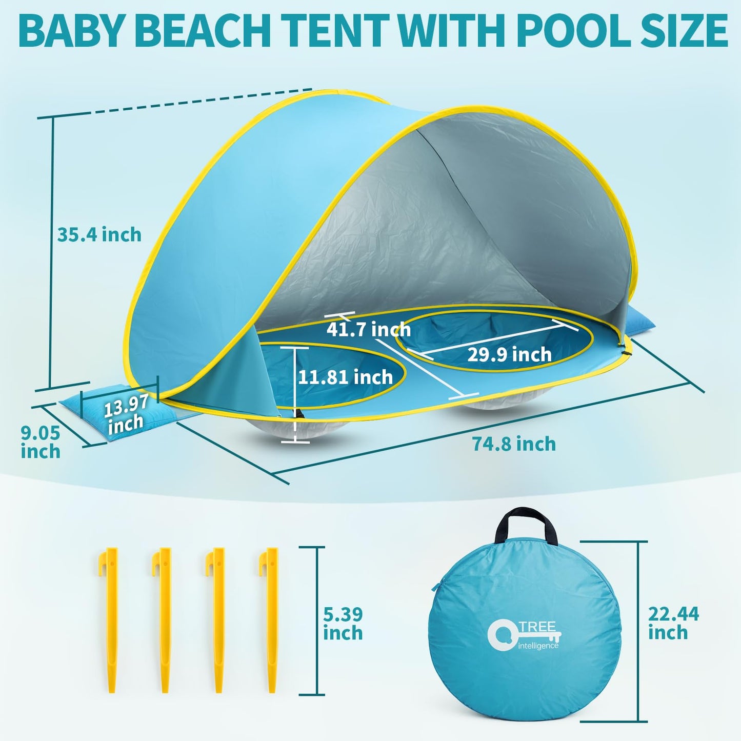 QTREE intelligence 2-IN-1 Baby Beach Tent with 2 Pool for 2 kids,74.8*41.7*35.4 inch UV Protection Sun Shelter Pop Up Play Canopy, Easy setup portable tent for Beach,Camping,Picnic,Poolside,Indoor