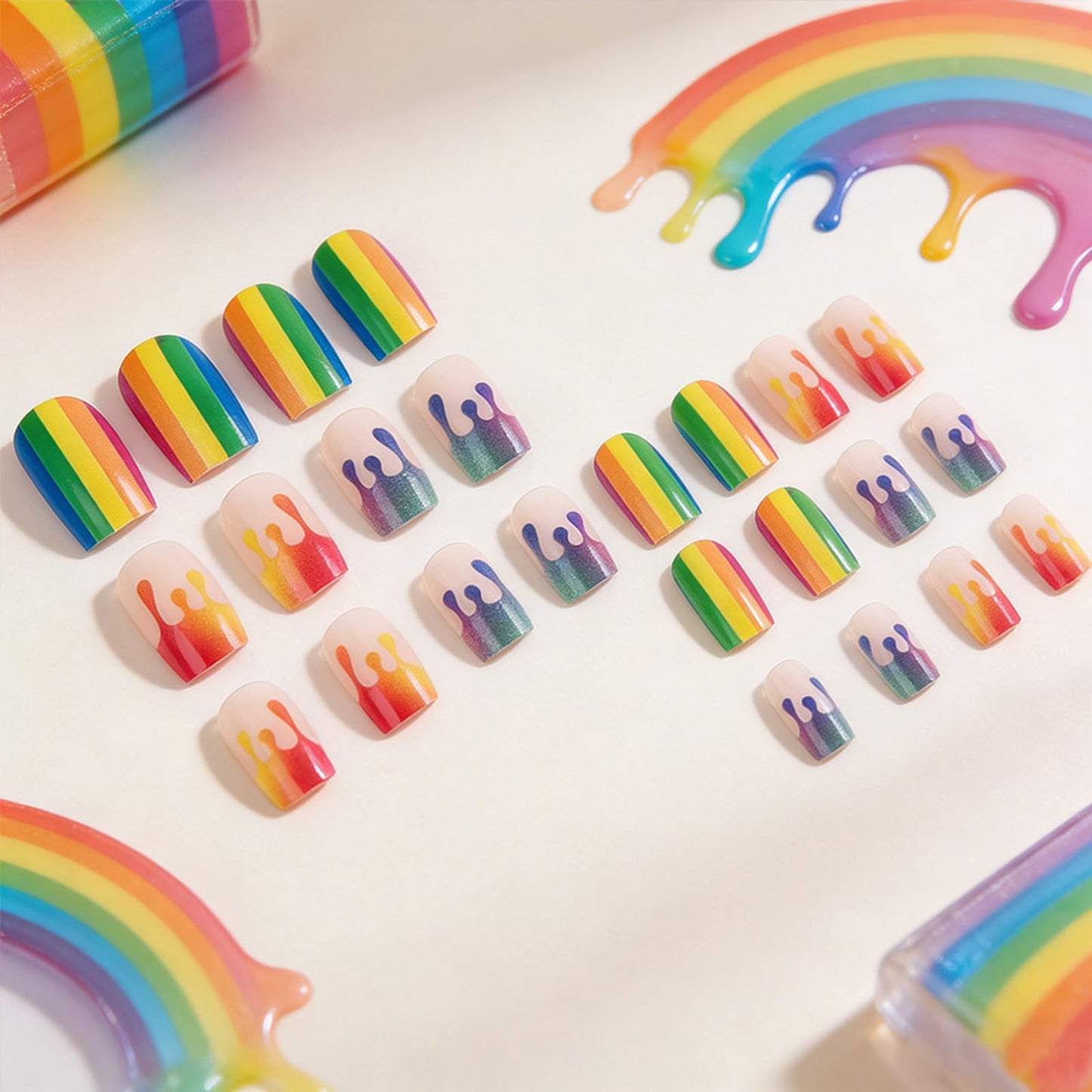 Rainbow Press on Nails Medium Square Fake Nails with Colorful Stripes Design Cute Summer Nails Press ons Glossy Full Cover Stick on Nail Artificial Glue on Nails for Women 24Pcs