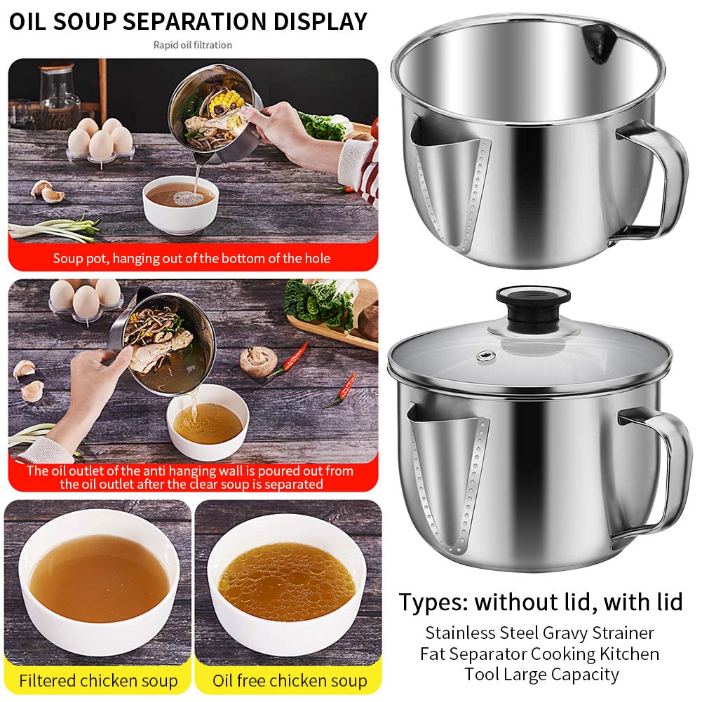 Stainless Steel Fat Separator Bowl, Large 4 Cups Gravy Separator Bowl With Handle Round Shape, 1000ml Capacity for Healthy Cooking Reduce Fat Intake(COLOR:no lid)
