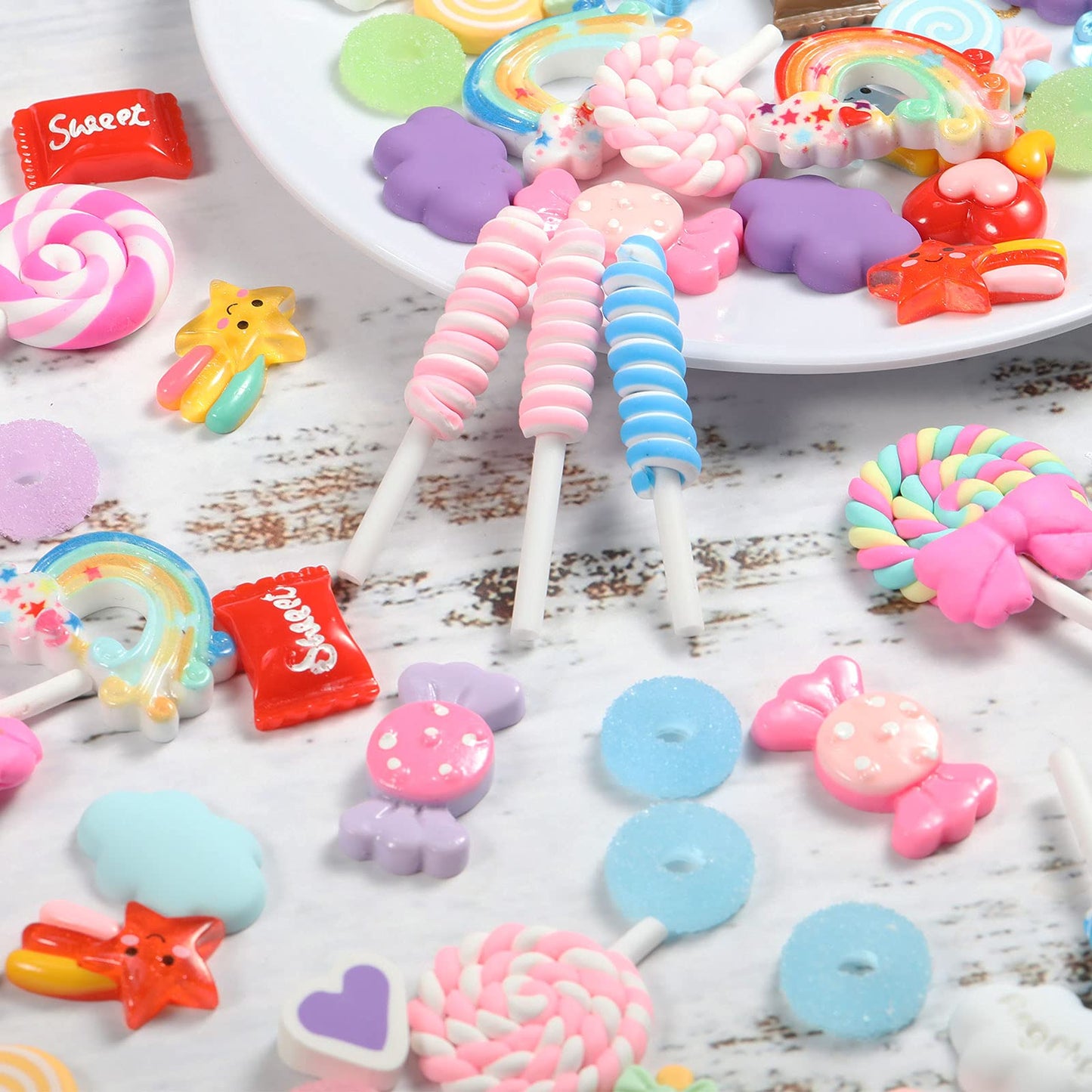 WILLBOND 120 Pieces Assorted Charms Cute Set Flatback Beads Making Kit Mixed Candy Sweets Resin Random Kawaii Candy Resin Ornaments for DIY Craft Scrapbooking Decoration