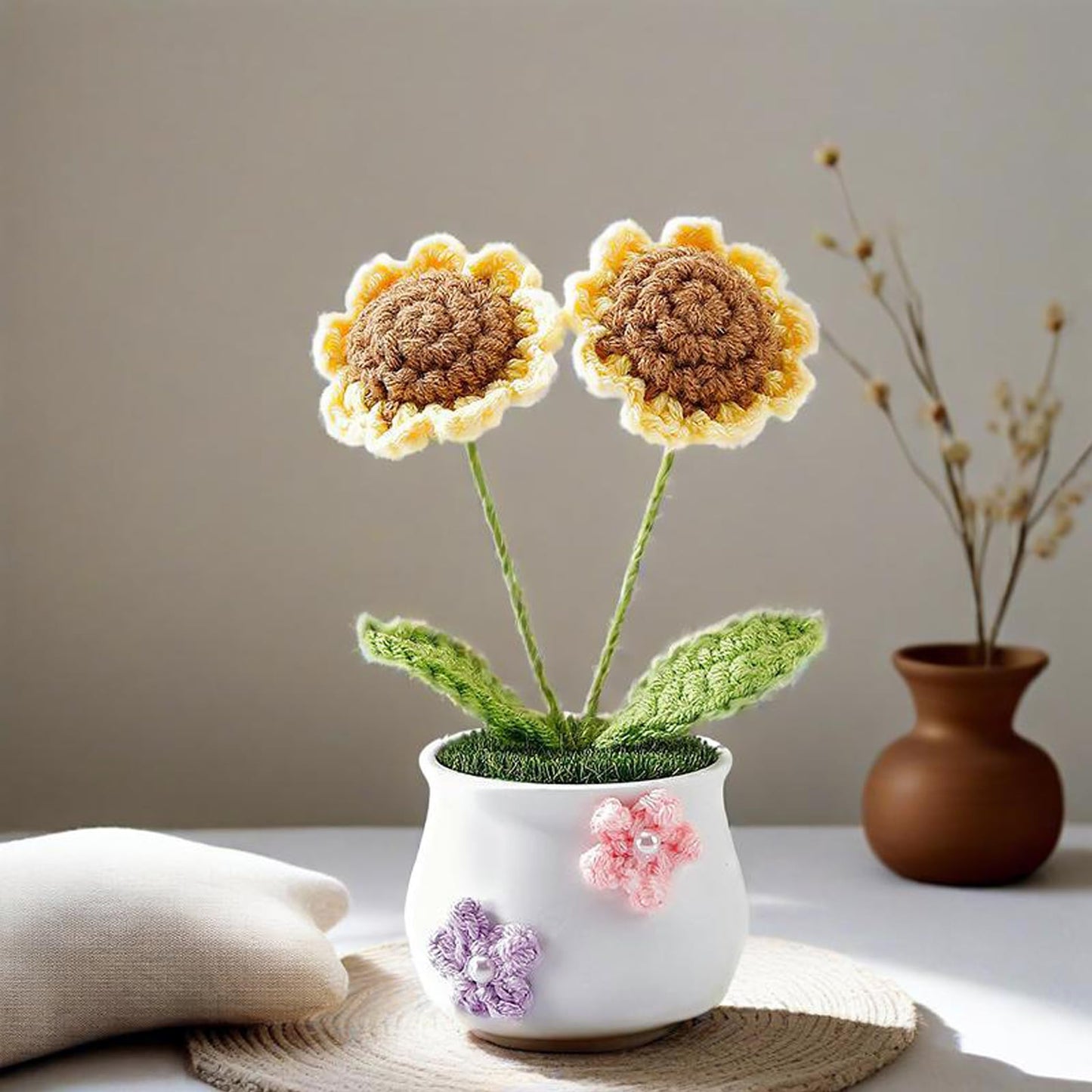 2 Pcs Handmade Crochet Sunflower with Mini Planter Pot - Zero Maintenance Desk Decor, Car Dashboard & Kitchen Decor, Durable Fade-Resistant Gift for Women, Plant Lovers, Unique Home&Office Decoration